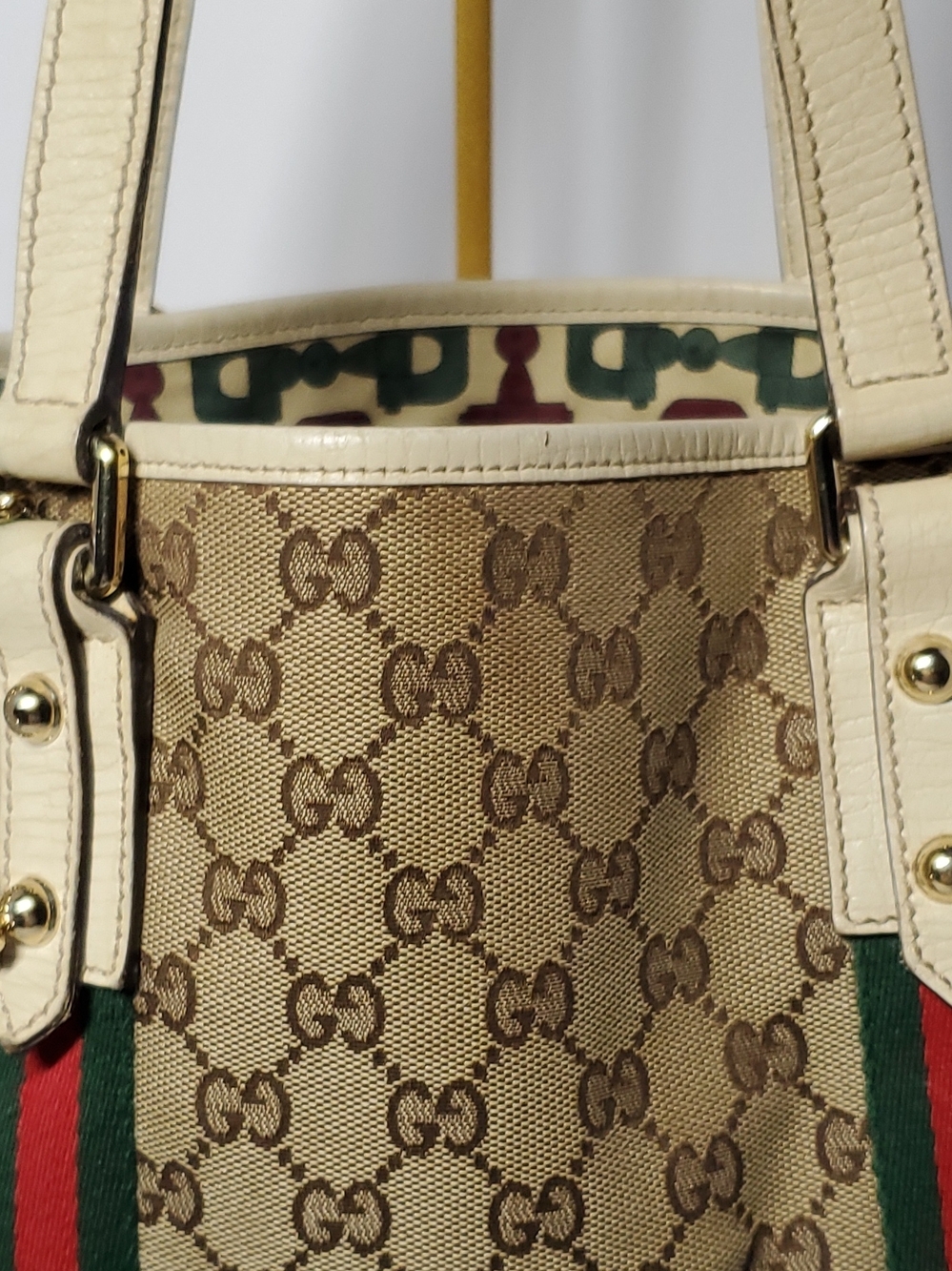 Gucci Beige GG Canvas Tote with Green and Red Web Stripe and Cream Trim - Picture 3 of 16